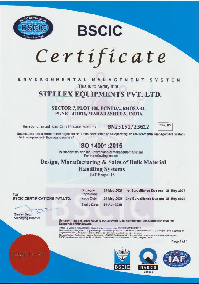 ISO 14001:2015 certification awarded to Stellex Equipments — bulk material handling equipment manufacturer